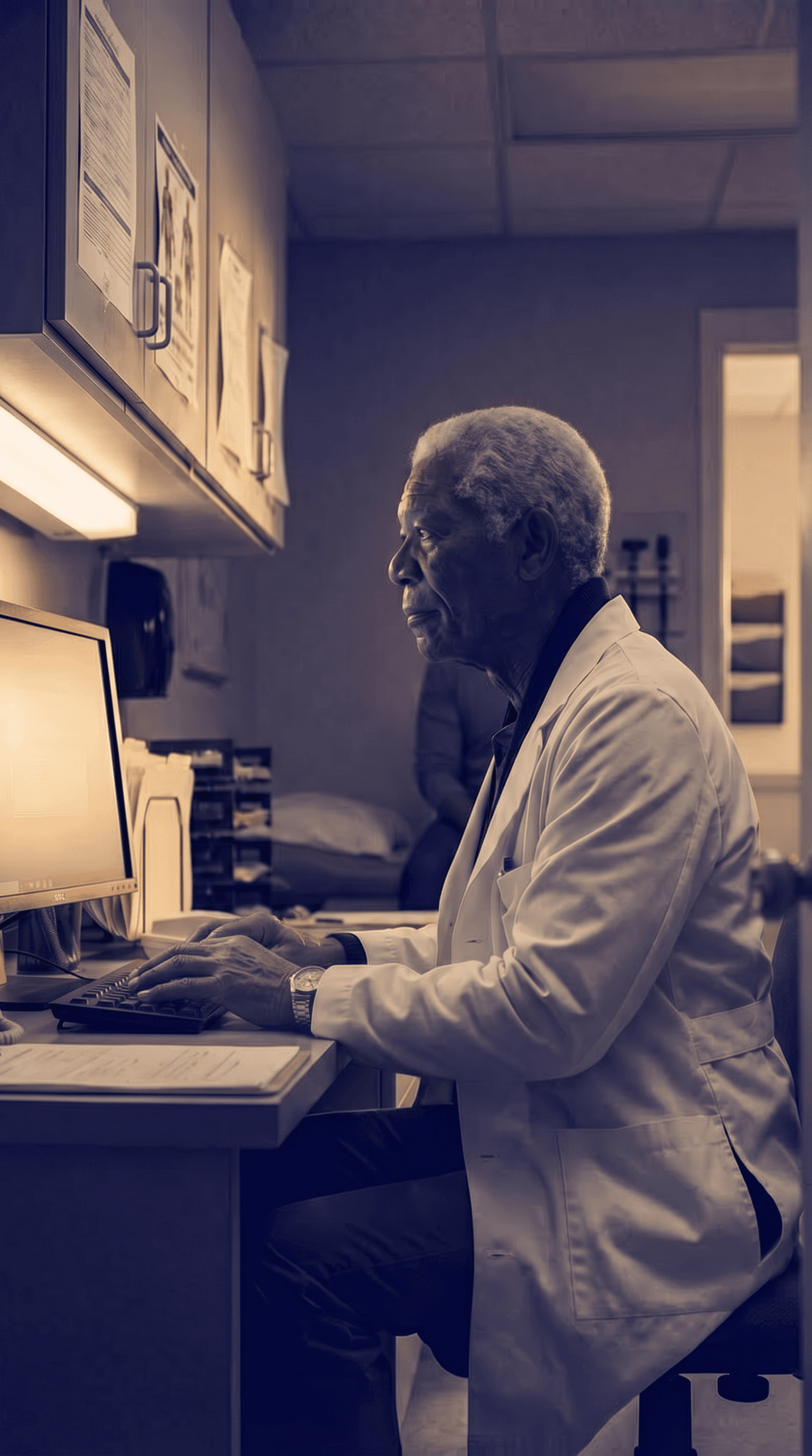 Distinguished older clinician in cinematic film-style portrait