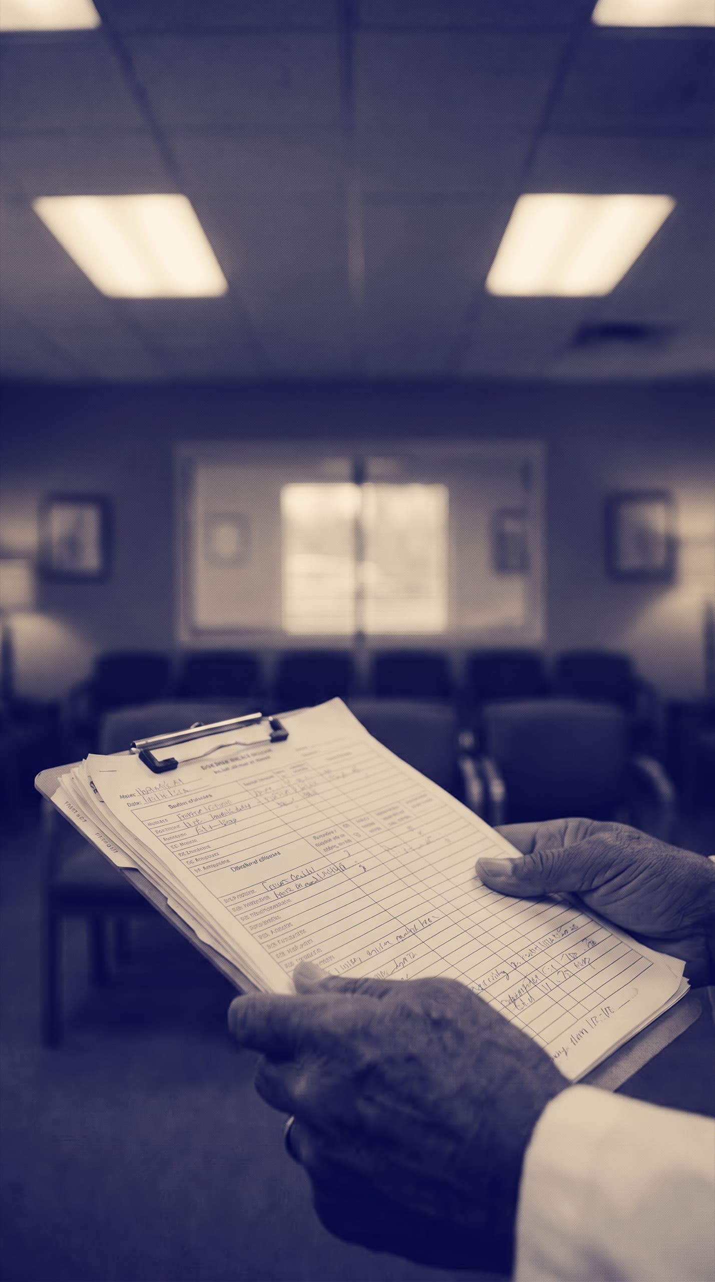 Vintage-style photograph of a person's hands holding a patient chart